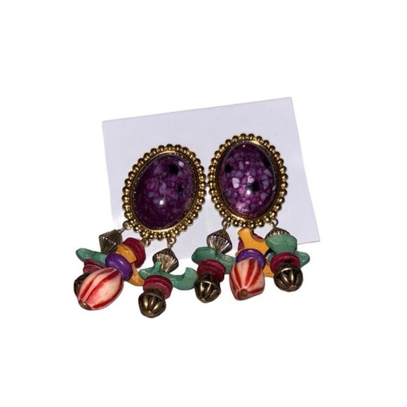 Vtg Dangle Chunky Purple & Gold Earrings w Multicolor Beads, Retro Statement - Picture 1 of 3